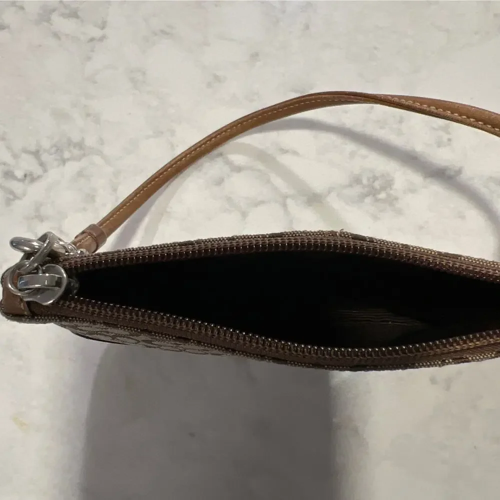 Coach Women's Y2K Monogrammed Canvas Leather‎ Trim Wristlet Tan